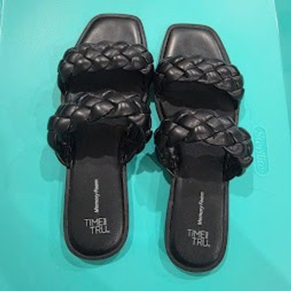 Time and Tru Black Braided Puffy Slide Sandals Square Toe Memory Foam Womens 8.5